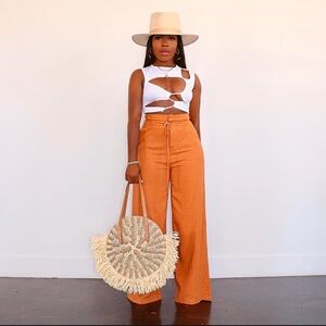 NWT Modern Opulence Amalfi Wide Leg High Waist Linen Trousers - Burnt Orange - L